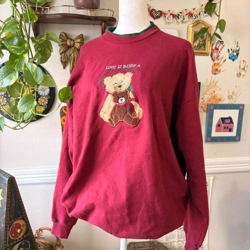 Vtg Grandma Sweater Teddy Bear Cottagecore‎ Embroidered Double Layered Collar XL